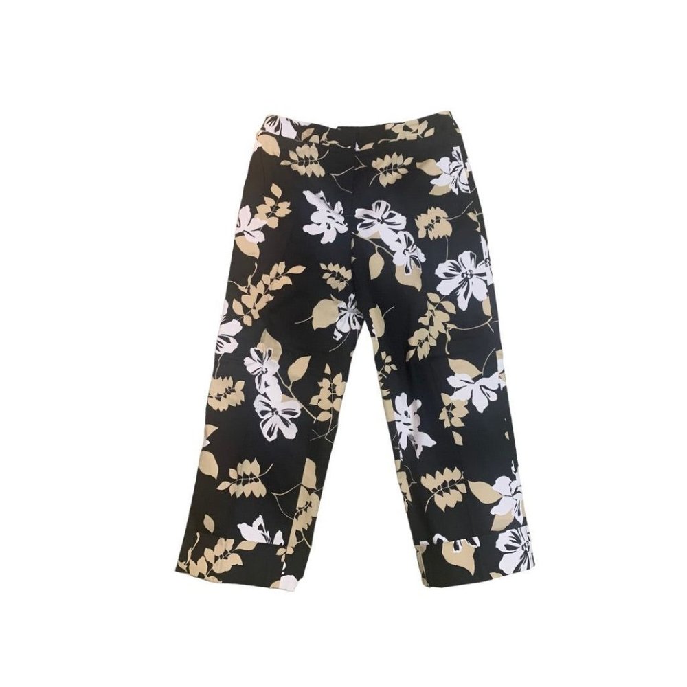 Size 8 Rafaella Women's Crop Pants Black Floral Leaf Print 23" Inseam Cuffed